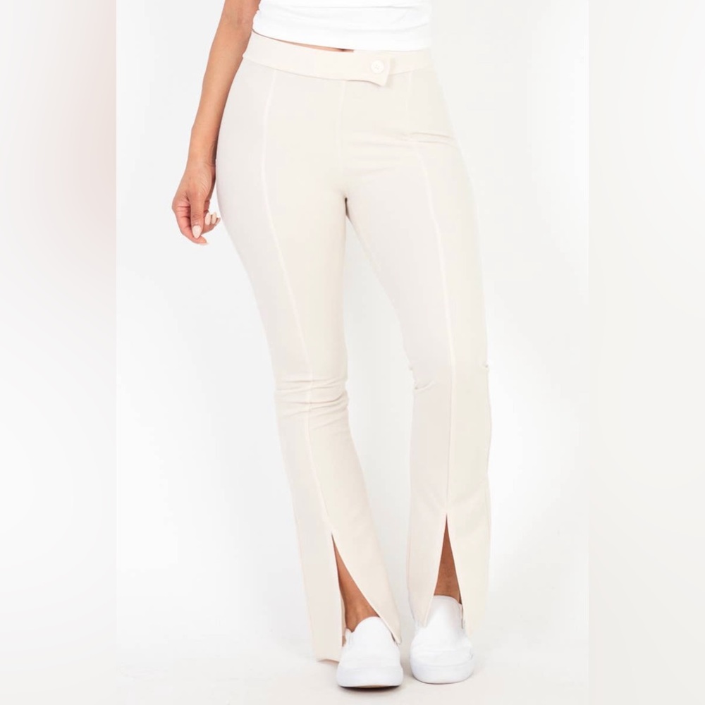 High Waist Slim Fit Front Slit Pants - Ivory